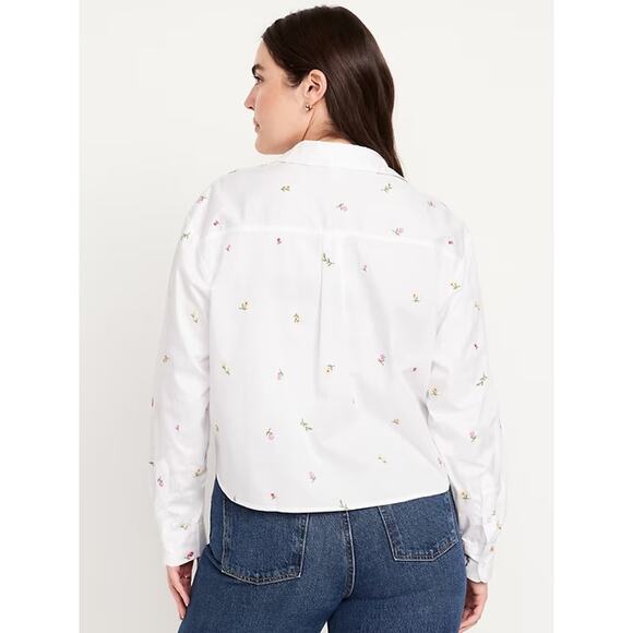 Old Navy Plus 2X White Floral Embroidered Cropped Shirt Cotton Button Down Shirt - Picture 2 of 9